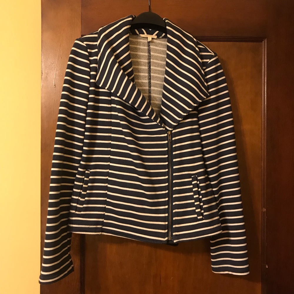 Striped, asymmetrical zip up jacket